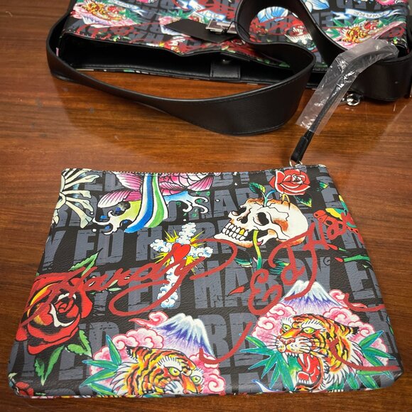 NWT Ed Hardy Tote Bag & Pouch Set Multicolor Tiger Floral Skull Colorful Purse